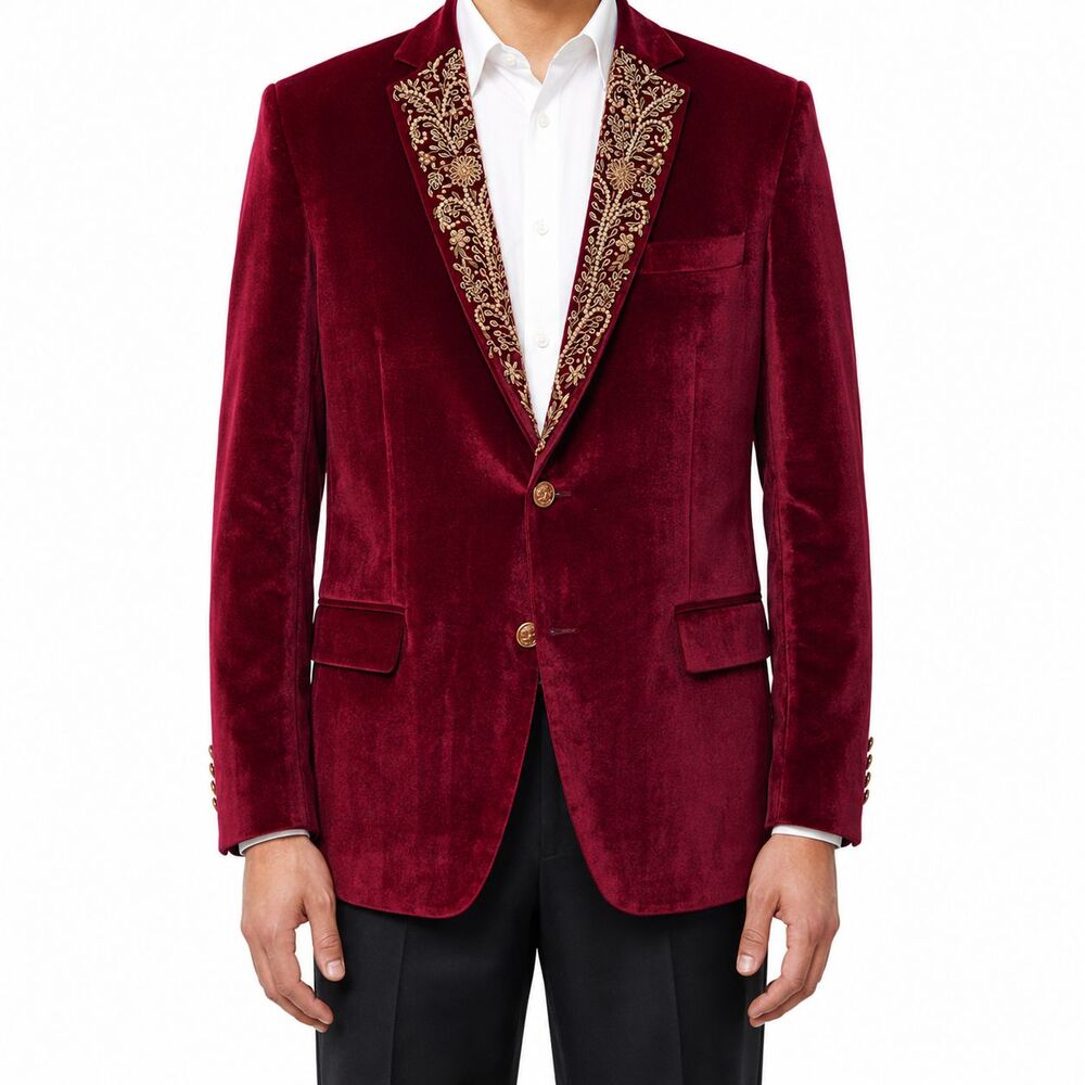 Mens 42R Burgundy Velvet Blazer Hand Embroidered Gold Floral Tuxedo Suit Jacket